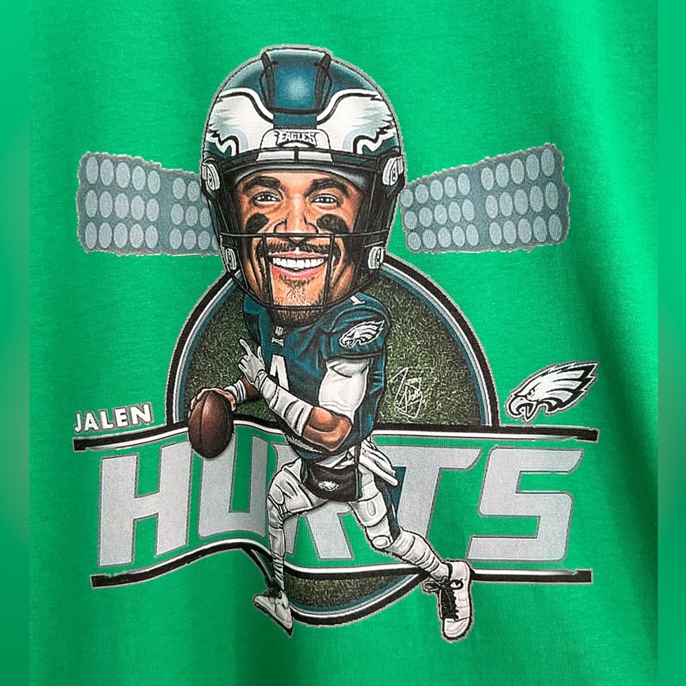 PHILADELPHIA EAGLES JALEN HURTS MODERN RETRO CARICATURE QUALITY SHIRT SHIPS FAST